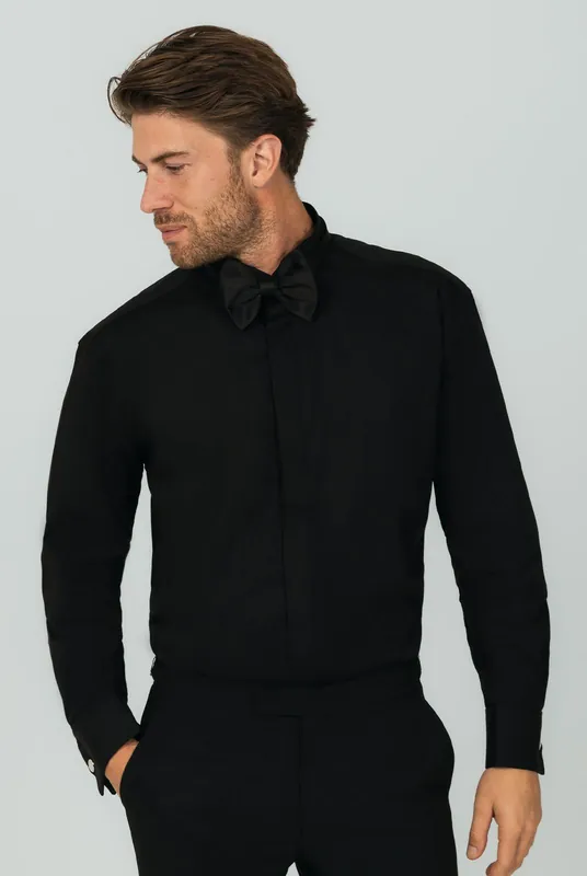 Wing Collar Plain Front Black Dress Shirt - Dobell
