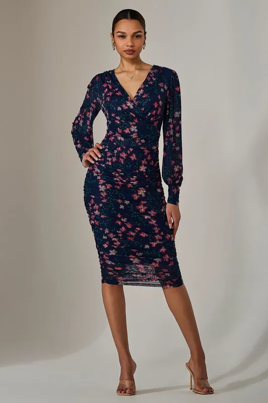Mesh Long Sleeve Ruched Bodycon Dress - Jolie Moi