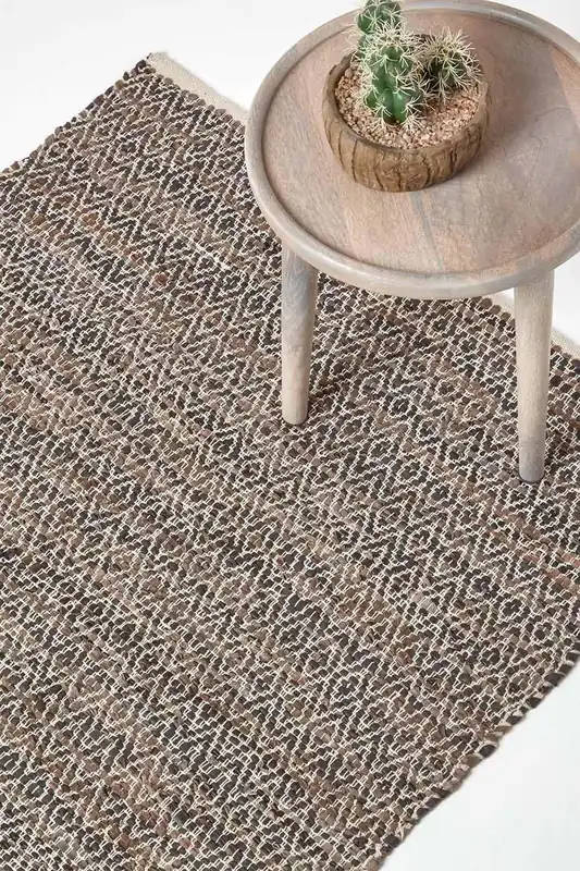 Real Leather Handwoven Diamond Pattern Rug - Homescapes