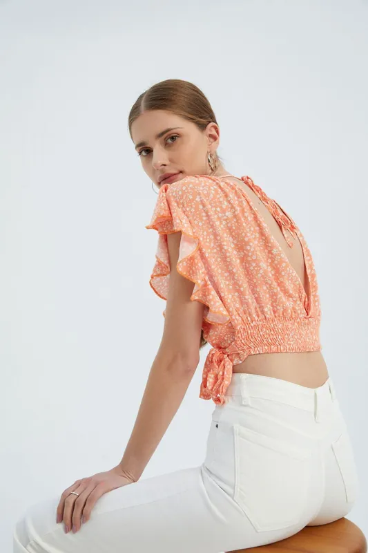 Floral V Neck Tie Side Crop Top - Hiccup