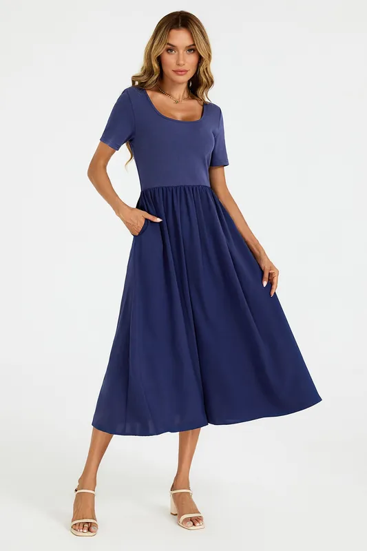 Short Sleeve Jersey Bodice Midi Dress with Pockets - FS Collection