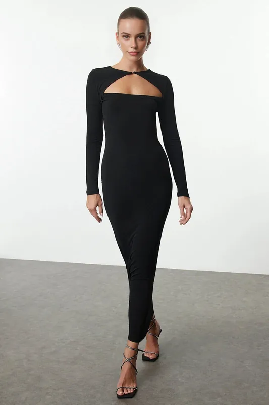 Cut Out Detail Long Sleeve Bodycon Maxi Dress - WOVCOR