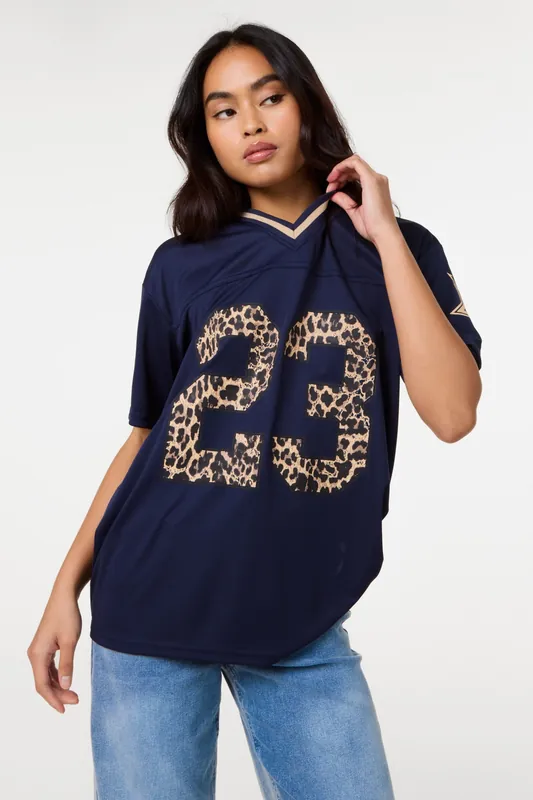 Navy Leopard Detail Sports Jersey - Pink Vanilla