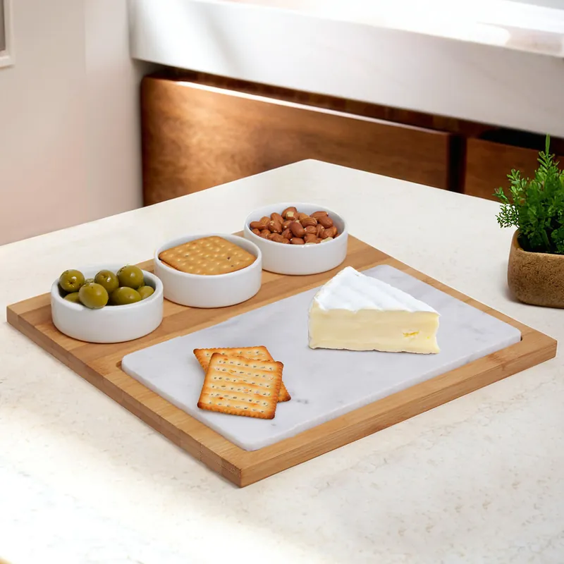 5-Piece White Marble And Ceramic Serving Board, Durable Natural Stone