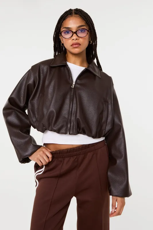 Brown Faux Leather Puffball Jacket - Pink Vanilla