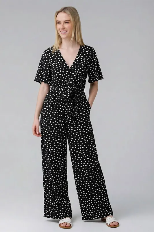 Polka Dot V-Neck Button Tie Fastening Wide-Leg Jumpsuit