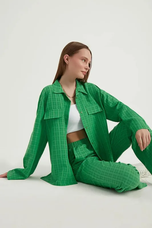 Checked Oversized Shirt & High Waist Straight Leg Co-ord