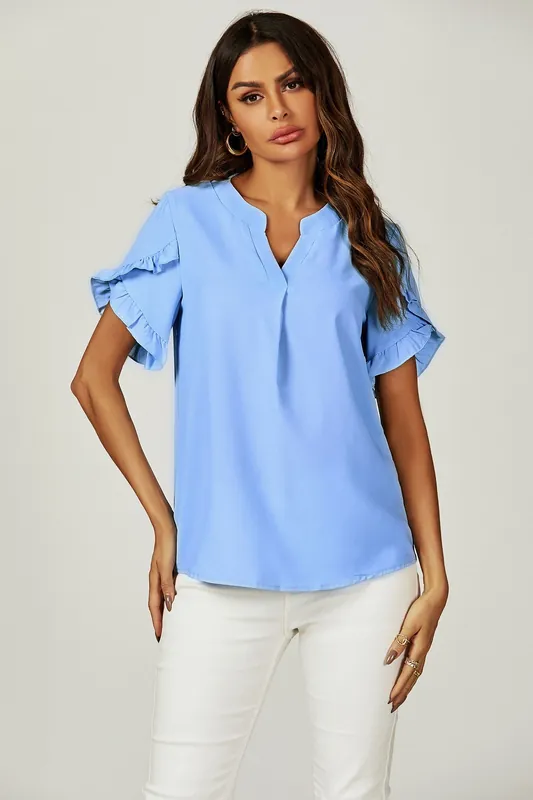 Frill Trim Detail Short Sleeve Blouse Top In Light Blue - FS Collection