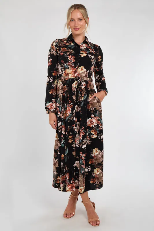 Black Autumnal Floral Print Midaxi Shirt Dress - Love Sunshine
