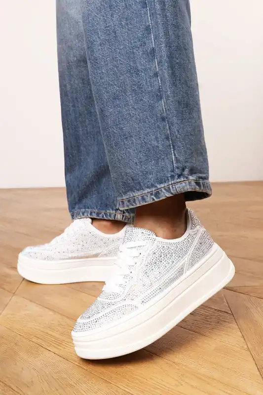 Darcia' Wedge Lace Up trainer with diamante Detail - Where's That From