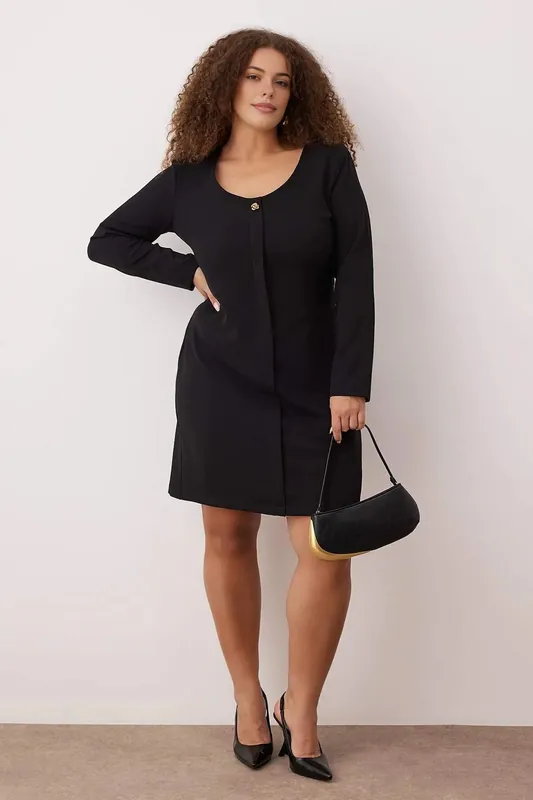 Scoop Neck Long Sleeve Shift Mini Dress with Button Detail - WOVCOR