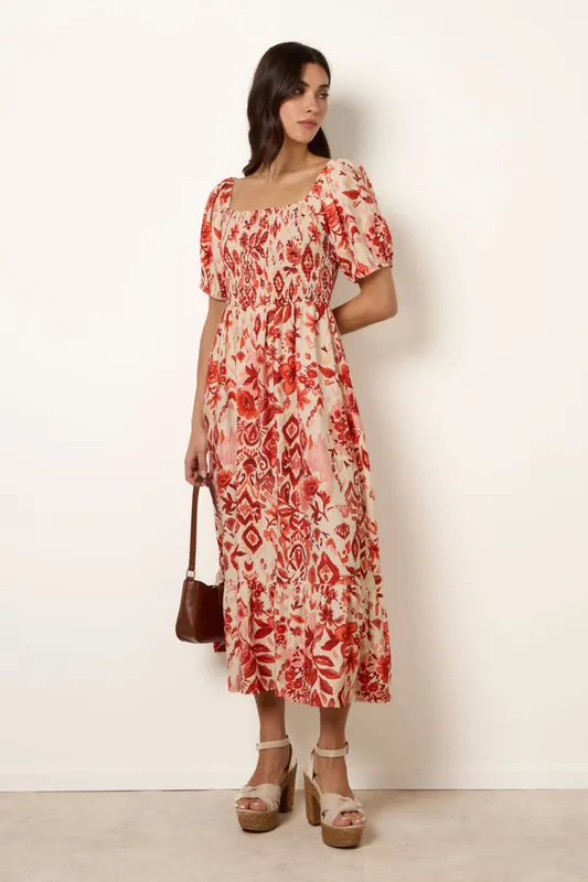 Orange Watercolour Floral Shirred Puff Sleeve Midi Dress - Blue Vanilla