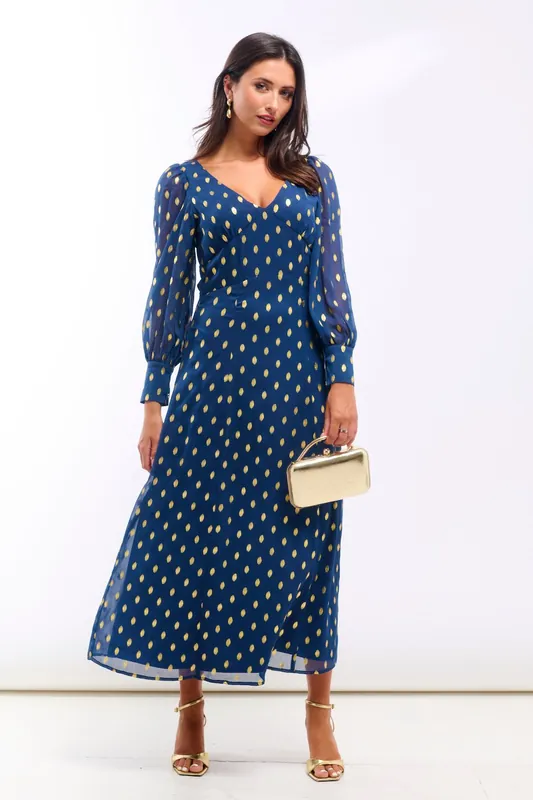 Dark Blue Long Sleeve Foil Plunge Midi Dress - Needs No Label