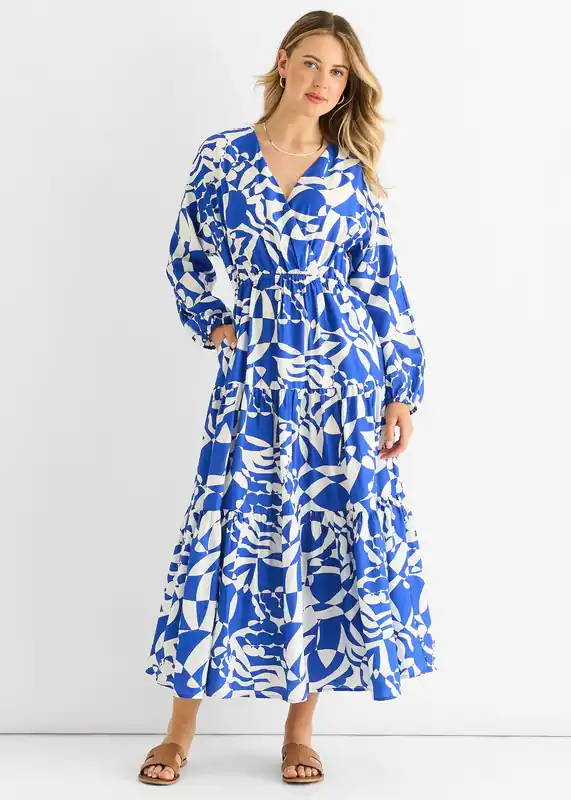 Blue Abstract Wrap Elasticated Waist Midaxi Dress - Gini London