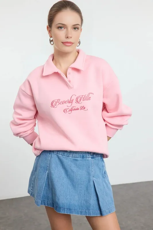 Collared Embroidered Slogan Fleece Sweatshirt - WOVCOR