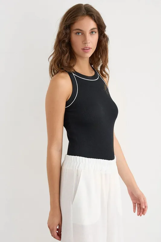 Contrast Ribbed Round Neck Sleeveless Camis - Hiccup