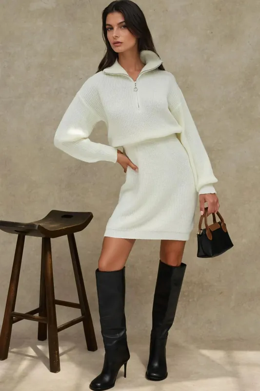 Waist Sitting Ribbed Mini Knit Dress with Zipper Collar - Hiccup