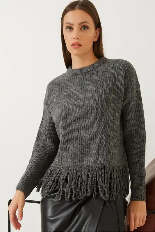 Fringed Crew Neck Crop Sweater - Bianco Lucci