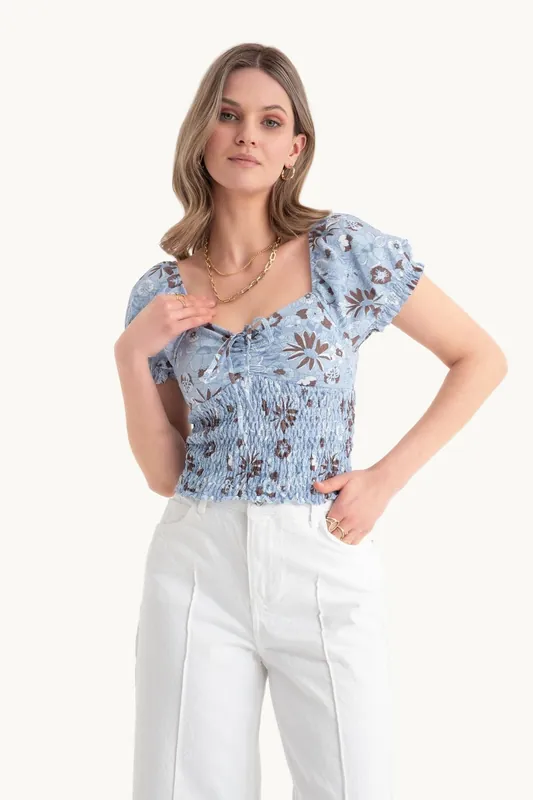 Floral Sweetheart Neck Smocked Top with a Puff Sleeve - Hiccup