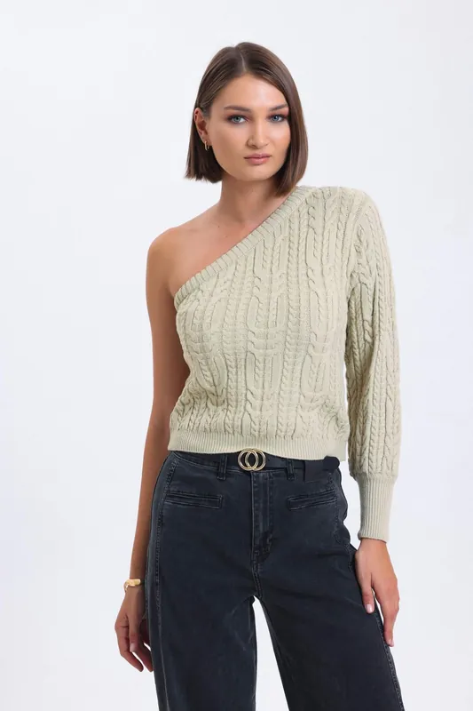 Cable Knitted One Shoulder Cropped Sweater - Hiccup