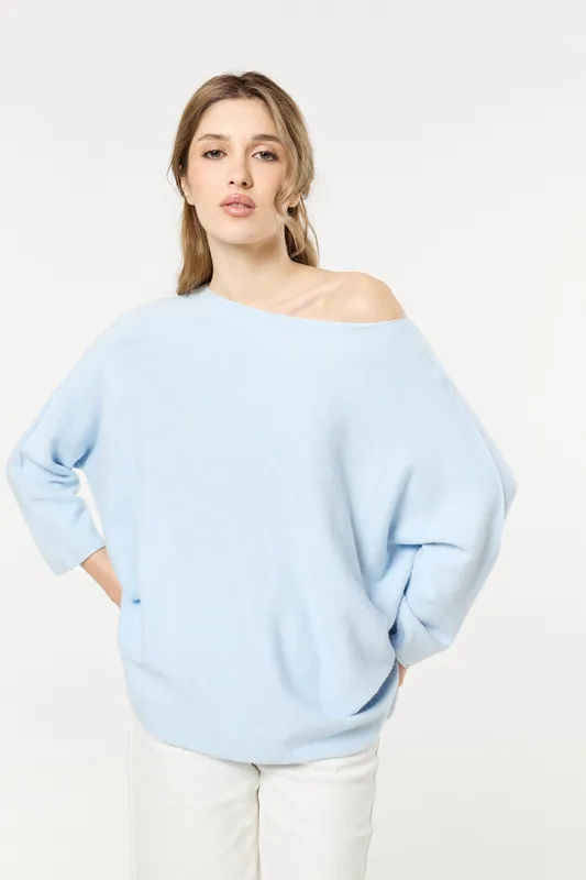 Light Blue Off Shoulder Relaxed Knit Jumper - Liquorish