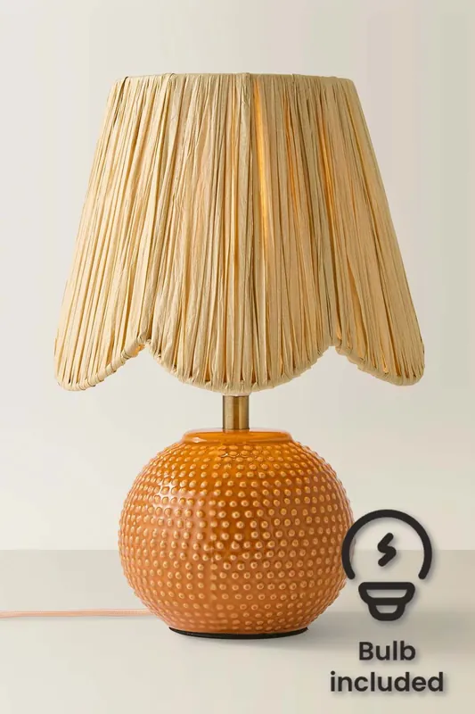 Sebby Ceramic Globe Textured Table Lamp with Raffia Lamp Shade and LED Bulb - ValueLights