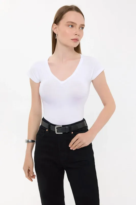 Basic Cap-Sleeve V-Neck T-Shirt