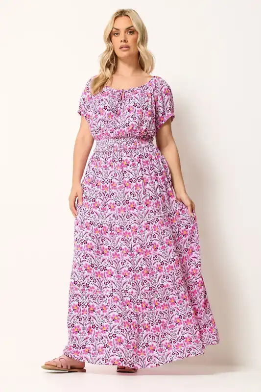 Floral Tie Neck Bardot Maxi Dress - Yours