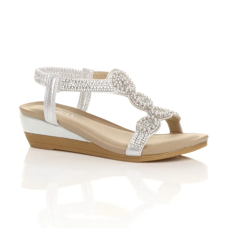 Mid Wedge Heel Diamante Slingback Sandals Wedges - AJVANI