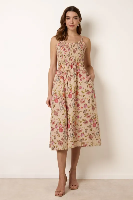 Multi Floral Shirred Strappy Midi Dress - Blue Vanilla