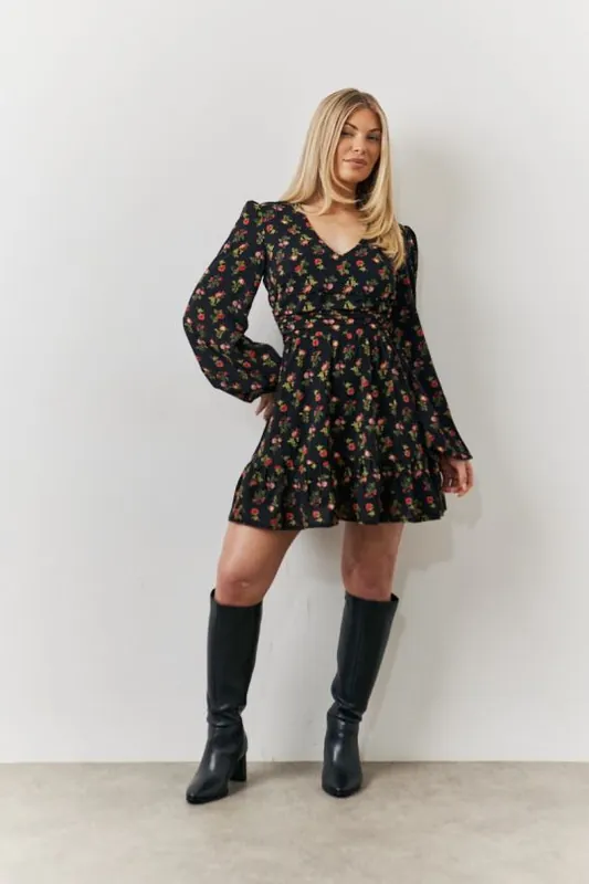 Black Rose Print Wrap Front Mini Skater Dress - In The Style