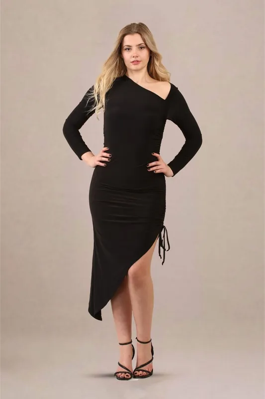 Black One-Shoulder Asymmetrical Ruched Midi Bodycon Dress