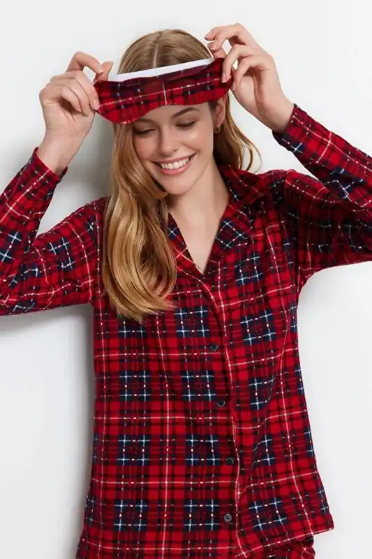 2-Piece Checked Knit Pajama Set With Sleep Band
