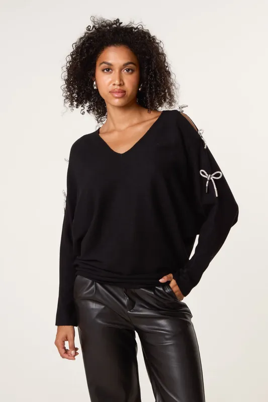 Black Diamante Bow Cut Out Sleeve Jumper - Blue Vanilla