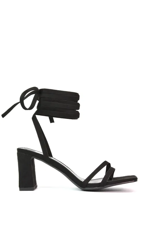 Tanyel' Strappy Lace up Faux Suede Mid Block Heel Sandals - XY London
