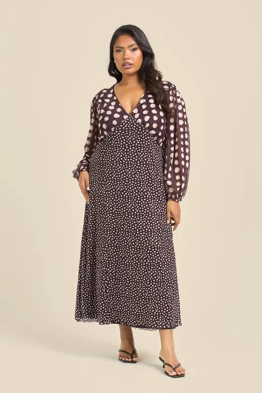 Plus Size Chocolate Polka Dot Balloon Sleeve Mesh Midi Dress - FASHION-SZN
