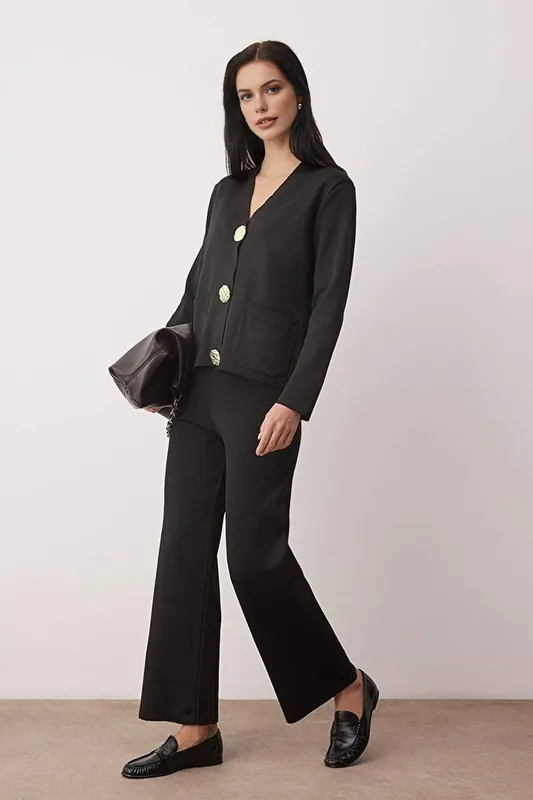 2-Piece Knit V-Neck Button-Front Cardigan and Wide-Leg Trouser Set