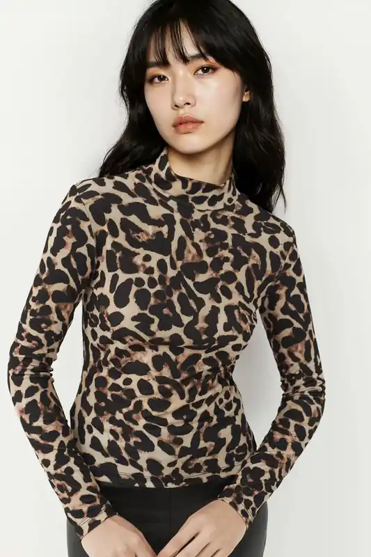 Leopard Print Half Turtleneck Top - Hiccup
