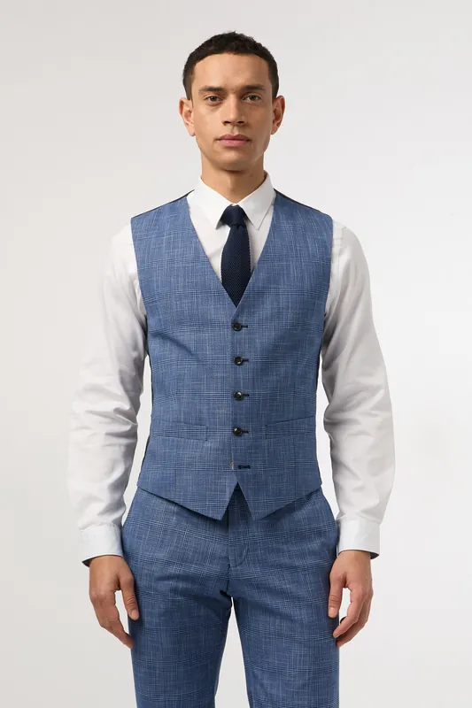 Blue Check Slim Fit Waistcoat - Antique Rogue