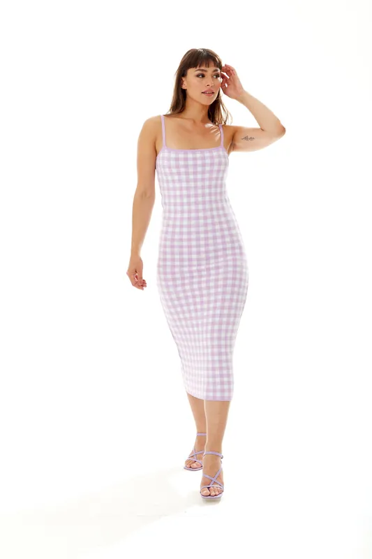 Knitted Midi Dress in Lilac and White Check - Liquorish