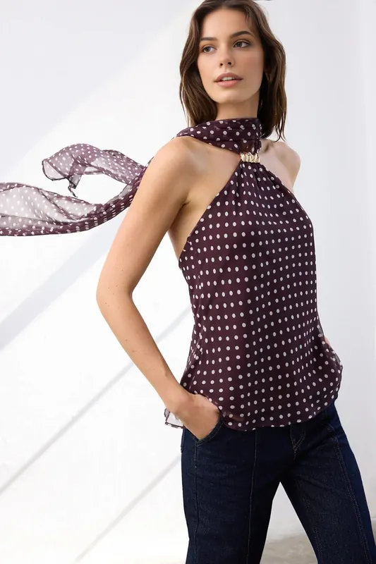 Polka Dot Halterneck Woven Blouse With Gold Detail - WOVCOR