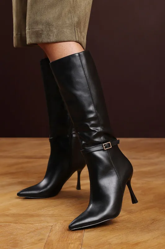Giada' Pointed Toe Knee High Stiletto Heel Boots with Side Buckle - Where's That From