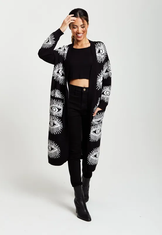 Eye Pattern Longline Cardigan In Black - Liquorish
