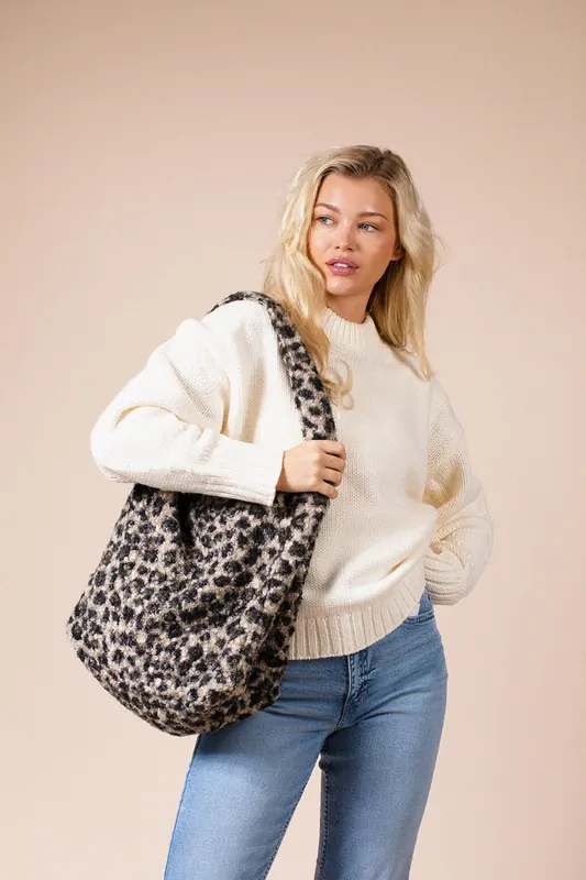 Leopard Borg Hobo Bag In Beige - SVNX