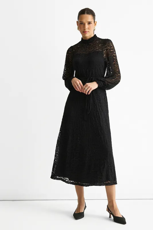 Black High Neck Jersey Lace Occasion Midi Dress - Gini London