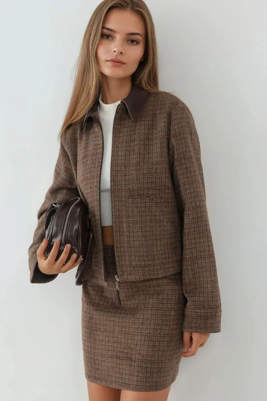 Plaid Patterned Wool Blend Jacket with Suede Collar - Hiccup