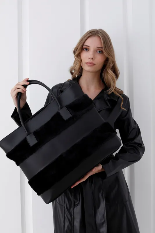 Oversized Pu Leather Tote Bag with Fur Trim - Belissh
