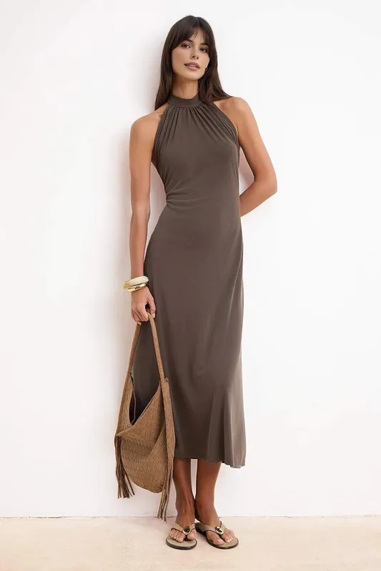 Halterneck Ruched Midi Dress with Bodycon Silhouette - WOVCOR