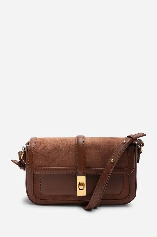 'Coral' Suede Structured Shoulder Bag with Gold Lock - Where's That From
