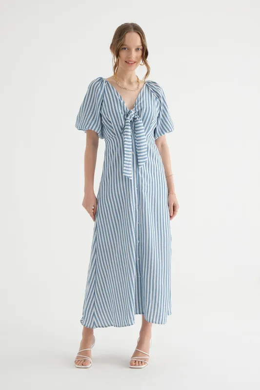 Striped Square Neck Buttoned Tie Front Maxi Dress with a Puff Sleeves - Hiccup